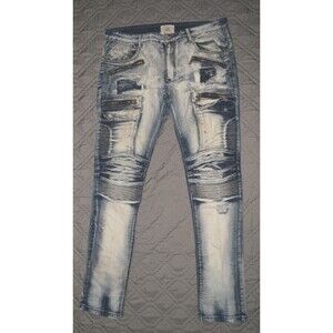 Smoke Rise Moto Jeans 38x34 Distressed Biker Denim Zipper Pockets Ribbed Blue